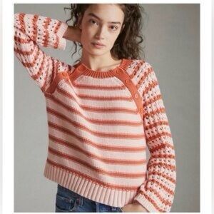 Anthropologie Maeve Eva Crochet-Sleeve Sweater Peach and Cream